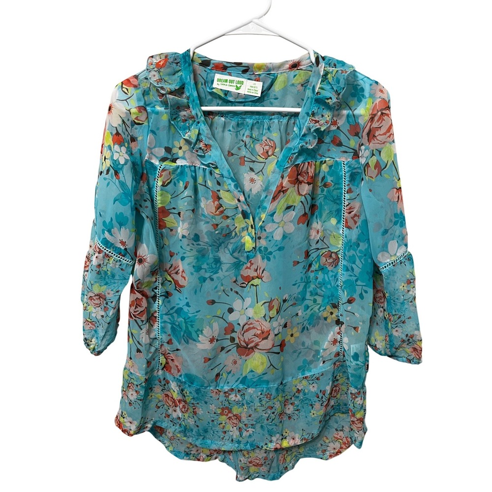 Dream Out Loud Selena Gomez Floral‎ Chiffon Ruffle Blouse Turquoise Blue Large
